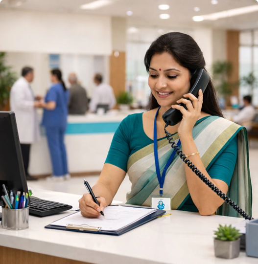 A female hospital receptionist smiles while talking on the phone, scheduling appointments